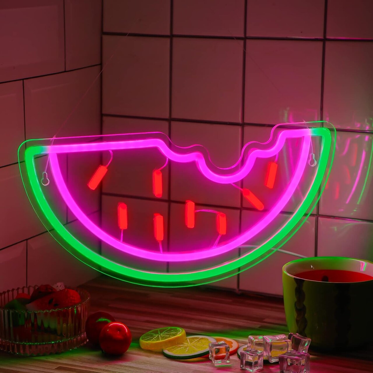 Summer Watermelon Neon Sign USB Operated Acrylic LED Neon Light Fruit Art Decorative LED Light Signs for Home Bedroom Bar Birthday Party Wedding Office Lounge Patio